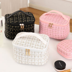 New Portable Travel Large Capacity Checkered Handbag Style Cosmetic Bag Womens Outdoor Camping Wash Bag Makeup Pouch