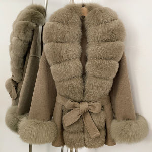 Áo Khoác Lông Cáo Nữ OFTBUY Chất Liệu Len Pha Ấm Áp Cổ Lông Thật Phong Cách Đường Phố Mùa Thu Đông Áo Ấm Cho Nữ