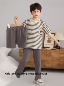 Miiow | Breathable Childrens Sleepwear Short Sleeve Shorts Three-Piece Set Catman Summer Home Clothes Boys Comfortable Cotton Pajamas