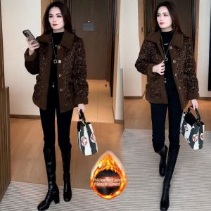 HUAXUNRAN | Fashionable Casual Multi-Seasonal Coat for Seniors 1XL Size Fleece Lined Leopard Print Cotton Coat