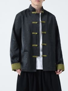 New Chinese Style Mens Hanfu Jacket Long Sleeve Embroidered Stand Collar Button up Outerwear Large Size Casual Wear Polyester Fiber
