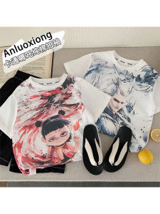 Cartoon Na Zha Childrens Short Sleeve T-Shirt Korean Style Loose Fit Pure Cotton Printed Baby Top Trendy Summer New Arrival