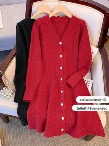 French Heavyweight Shiny Thread V-neck Red Knitted Dress Spring plus Size Slimming Base Layer Sweater A-line Skirt