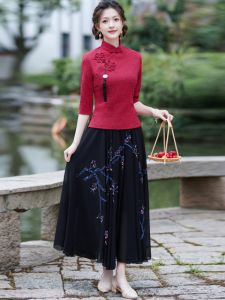 Spring & Fall New Chinese Style National Style Chinese Knot Button Top Improved Hanfu Female Plus Size Tea Artist Costume Chinese Dress Cheongsam Two-piece Set