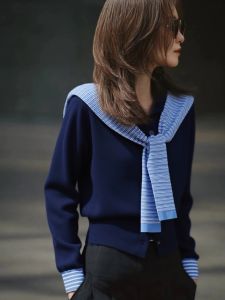 Autumn Winter Blue Striped Knitwear Shawl Collar Korean Style High Waist Polyester Fiber Long Sleeve Womens Fashion Top
