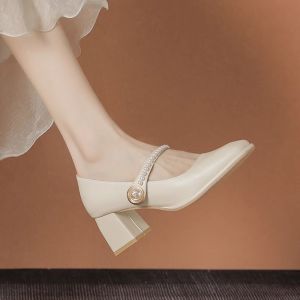 WANGGONGZHU | French Style Genuine Leather Mary Jane Single Shoes Women Spring 2025 New Coarse Heel High Heel Evening Shoes Square Head Fashion