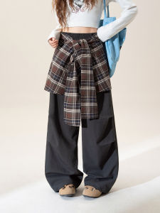 Retro Check Wide Leg Pants High Waist Straight Long Pants for Fall/Winter