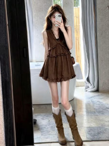 NIUVIES | French Retro Khaki Sleeveless Polka Dot Dress
