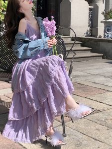 French Pastel Purple Strap Dress Women Summer 2025 New High-End Feeling Beach Vacation Cake Skirt Chiffon Long Dress
