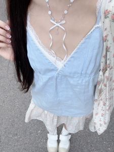 BrandyBM Official New Linen V-neck Ruffle Strap Vest Belted Waistless Sleeveless Top for Women Summer Fashion Short Style