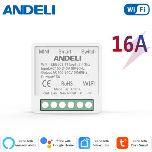 ANDELI | ANDELI 16A WiFi Mini Smart Light Switch DIY Two Way Control with Tuya/Smartlife APP Remote with Alexa Google Home for Automation