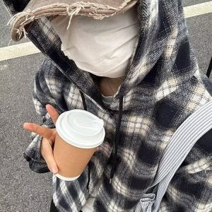 Mens Plaid Long Sleeve Shirt Spring Autumn Loose Lazy Style Hoodie Casual Cleanfit Jacket Polyester Fiber Youth Daily Wear