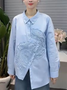 QINGNAER | Embroidered Lace Polo Collar Asymmetric Button Shirt