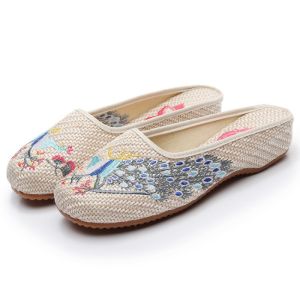 New Beijing Cloth Shoes Ethnic Style Embroidered Slippers Peacock Embroidery Linen Slippers Womens Slippers