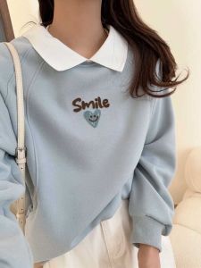 ชิค ปกโปโล เสื้อสเว็ตเชิ้ต ผู้หญิง หลวม แขนยาว ฤดูใบไม้ผลิ ฤดูใบไม้ร่วง รูปแบบใหม่ ทันสมัย ดูเด็ก เสื้อสวม ท็อป