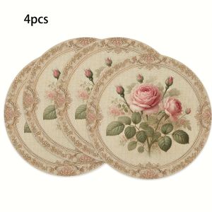 VIKAMA 4-Piece Vintage Rose Waterproof Placemats Western Restaurant & Home Gathering Table Decor & Accessories