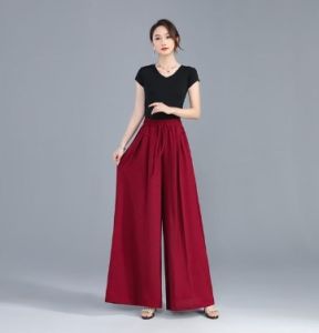 Drop pinggang tinggi wanita merasakan seluar seluar kaki lebar versi korea longgar seluar saman nipis serba boleh