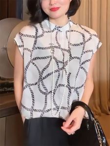 QINGNAER | Oversized Irregular Stripe Print Thin Sheer Sleeveless Stand Collar Shirt