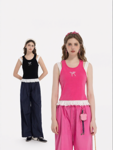 Pretend Two Pieces Bow Lace Edged Womens Vest
