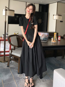 Elegant Black French Style Summer 2024 Womens Dress Hepburn Wind Waist Inward Design A-Line Skirt Short Sleeve round Neck