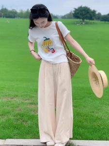 White round Neck Cartoon Banana Print Short Sleeve T-Shirt Womens Fashionable Versatile Summer Top Korean Style Loose Fit Cotton