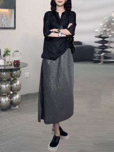 Váy Ngắn Kẻ Caro Cạp Cao Thời Trang Mùa Hè Cho Nữ Áo Thun Tay Ngắn Cổ Chữ V Bộ Đồ Hai Mảnh Chất Liệu Polyester