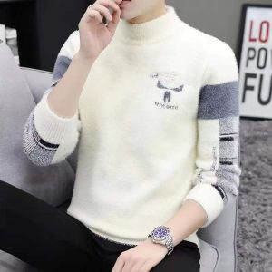 Mens Thickened Half High Collar Sweater Water Rabbit Fur Lined Base Layer Shirt Winter Warm Youth Fashion Long Sleeve Knitwear