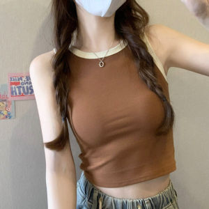 American Retro Brown Sleeveless Vest Womens Small Summer New Arrival K-style Silm High Waist Sleeveless T-Shirt Womens Short