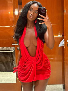 ชุดเดรสเปิดหลังแบบผูกเชือก คอวี แขนกุด สำหรับงานปาร์ตี้กลางคืน สไตล์เซ็กซี่ แฟชั่นมินิเดรสเข้ารูป