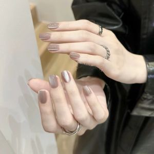 Handmade Short Wearable Nail Art Pure Color Cats Eye Natural Autumn Winter White Enhancing Coffee Crystal Glass Beads Long-lasting