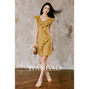 WANGXO | Đầm Midi Cổ Xếp Co Dãn Cao Đôi Mặt