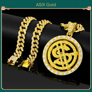 ASIX GOLD Fashion Large Rotatable Dollar Sign Pendant Hip Hop Cuban Chain Necklace For Men Cool Guy Lucky 916 24K 18K Gold Plated Tarnish Free Waterproof Hypoallergenic Perfect Gift
