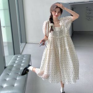 White Bubble Sleeve Square Collar Print Dress Womens Summer New Korean Loose A-Line Skirt Fairy Tale Style Commute Fashion