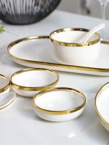 [CÓ SẴN] Bộ chén bát sứ trắng viền vàng phong cách Bắc Âu cao cấp (tách lẻ)