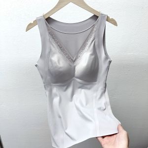 อุ่น ผ้าขนแกะ Lined Thermal เสื้อกั๊ก ผู้หญิง Integrated Cup คอวี ลูกไม้ เซ็กซี่ Base Layer Heating Top ฤดูใบไม้ร่วง ฤดูหนาว Essential Lingerie