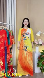 Áo dài lụa nhật K164 nền vàng trắng hoa đỏ cổ tròn tay lỡ may sẵn đồng phục hội họp đám cưới Ảnh thật tự chụp sẵn hàng