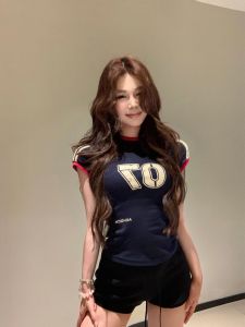 Slim Fit Short Sleeve T-Shirt Women Summer Three Stripe Trendy Streetwear High Waist Slimming Short Length round Neck Print T-Shirt