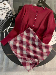 Red Knitted Sweater And Plaid Mini Skirt Two-Piece Set for Women Spring Autumn Fashionable New Years Outfit Casual Sportswear