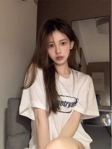 Retro American White Short Sleeve T-Shirt Women Summer Small Size Trendy Loose Top Shoulder Width Regular Cotton round Neck