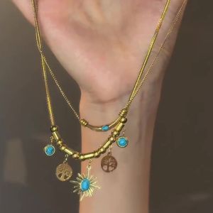 【希腊神话】Retro Gold Sunflower Double layered Necklace Exquisite Light Luxury Bohemian Collarbone Chain Fashion Chain Necklaces