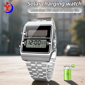Solar Men‘s Digital Watch Retro Chronograph Stainless Steel Strap Waterproof Multifunctional Sport Electronic Watches