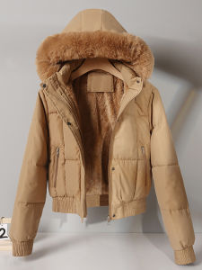 Womens Fleece Lined Thickened Short Cotton Jacket Winter Warm Stylish Coat Korean Style Straight Cut Zipper Pocket Design
