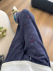 Dark Blue Hiphop Knifed Cuffed Sweatpants Mens Autumn American Style Sporty Loose Fit Long Straight Tube Casual Trousers