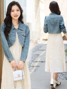 Retro Denim Short Jacket Womens Spring Autumn New Style Small Size Versatile Strap Dress Trendy Age-Defying Jacket Top