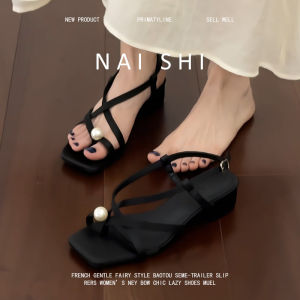 NAISHI | Sheepskin Black Fine Strap French Pearl Open Toe Square Heel Comfortable Sandals