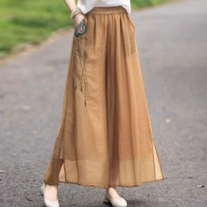 Summer New Chinese Style High Waist Double Layer Wide Leg Pants Women Loose Slimming Embroidered Slit Casual Pants Silk Linen