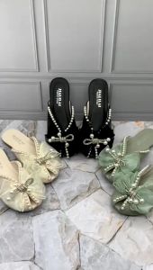 GW Flat Slippers Faddish Pearl Ribbon Diamond K2185