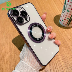 [With Lens Film] FLOVEME Electroplating Frame LOGO Hole Phone Case For iphone 14 13 12 Pro Max 14 Plus Luxury Plating Wireless Charging With Lens Film Protection Transparent Back Cover For iphone 14 13 12