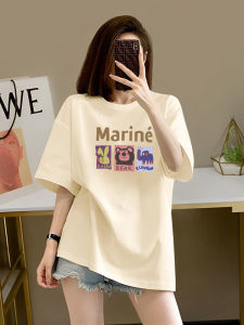 Loose Fit Pure Cotton Short Sleeve T-Shirt Womens Mid-Length Casual Top Korean Style Creative Print Summer New Arrival
