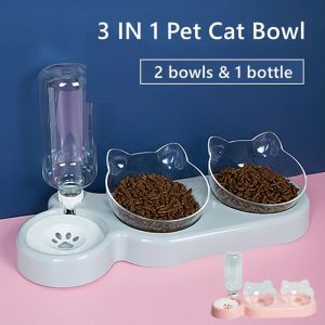 Pet Cat Dog Feeder Cute Modern Water Food Bowl 3 in 1 Large Capacity Transparent Pet Dispenser